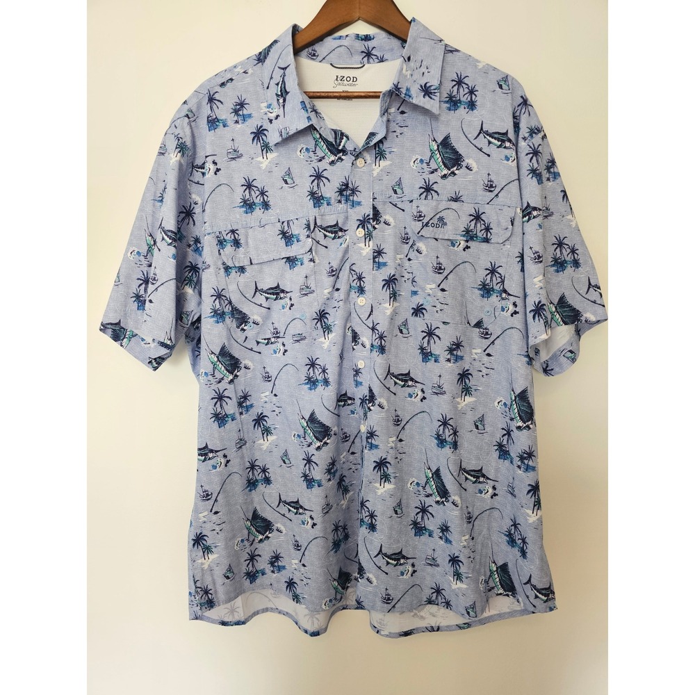 Tropical Izod Saltwater Button Down Shirt Men XXL Blue Fishing Palm Tree Stretch
